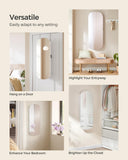SONGMICS Jewelry Organizer, LED Jewelry Cabinet Wall/Door Mounted, Lockable Rounded Wide Mirror with Storage, Interior Mirror, 3.9 x 16.5 x 42.5 Inches, White Surface with Greige Lining