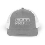 Living Proof Text Christian Trucker Hat, Embroidered Hat for Men & Women, Jesus Religious Faith Apparel Heather Grey/White
