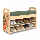 Kids & Toddler Shoe Rack with Bench Seat: Solid Pine Wood 2-Tier Shoe Organizer with Hidden Storage - Safari Giraffe Design Kids Furniture - Cushioned Seat, Rounded Safety Corners, Easy Assembly