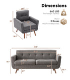 Tbfit Mid Century Modern Sofa Couch, Gray, Loveseat & Accent Chair