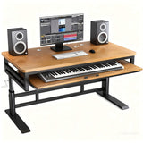 Music Studio Desk Workstation with Keyboard Tray, Office Computer Table with Organized Wiring/Keyboard Shelf Workbench Electronic Piano Midi Production Recording Studio