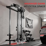Mikolo Folding Squat Rack, Wall Mounted Power Rack with Cable Crossover Machine & LAT Pull Down, Functional Trainer with 5 Adjustable Function Modes (Black)