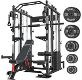 DONOW Smith Machine with Weight Stacks, Power Cage Home Gym System with LAT Pulldown Cable Crossover Multi-Functional Trainer with Dual Pulley System with Weight Bench Cast Iron Weight Plates 240lbs