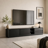 Quvex 71" TV Stand for TVs up to 80", Mid Century Modern Entertainment Center with Fluted Sliding Doors, Drawers, Cord Management & Adjustable Shelves, Wooden Media Console for Living Room, Black