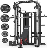 DONOW Smith Machine with Weight Stacks, Power Cage Home Gym System with LAT Pulldown Cable Crossover Multi-Functional Trainer with Dual Pulley System with Weight Bench Cast Iron Weight Plates 240lbs