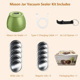 FUTUREZEN Electric Mason Jar Vacuum Sealer for Regular & Wide Mouth Canning Jars, Automatic Sealing Machine Kit for Food Storage & Fermentation, Mouth Mason Jar Lids, Bottle Opener, USB-C Cable, Green