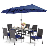 PHI VILLA 7-Piece Patio Set with 13ft Blue Umbrella, 6 Rattan Chairs