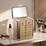 Homruilink High End Glass Jewelry Box for Women, 7 Layer, Gold