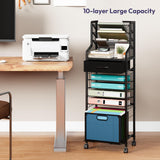 SWTYMIKI 10-Tier Rolling File Cart - Mesh Paper Organizer with Drawer and Hanging File Folders on Lockable Wheels, Rolling File Cabinet, Black