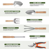 8 Piece Stainless Steel Gardening Tool Set - 17 Tine Heavy Duty Rake, 5 Piece Hand Tool Kit, Pruning Shears, and Gloves