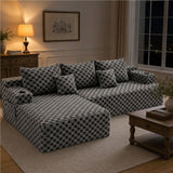 96.8" Boneless Couch Cloud Modular Sectional Sofa with L Shaped Chaise, Modern Corduroy Upholstered Deep Seat Couches Lounge with 5 Pillows for Living Room Bedroom(Gray, Checked, Left Facing Chaise)