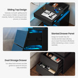 PIXOURA LED Nightstand Set of 2, Modern Night Stand with Charging Station, Sliding Top & 2 Slanted Drawers, Wood Bedside Table End Side Table for Bedroom, Living Room, Office, Black