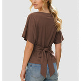 SeeLuNa Women Cinched Waist Shirts Stretchy Dolman Sleeve Boat Neck Knit Top Trendy Streetwear Outfits Basic Workout Tee Tops(Brown,L)