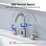 Charmingwater Touchless Bathroom Faucet for 3 Hole, 8 Inch Widespread Hands Free Bathroom Faucet with Automatic Sensor, 2-Handle Basin Mixer Vanity Taps with 360° Swivel Spout, Brushed Nickel