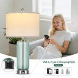 Table Lamps Set of 2 with Vertical Grained Glass, Teal Bedside Table Lamp, 3-Way Dimmable Nightstand Lamp with Touch Control, 27" Modern Glass Bedside Lamps with USB A+C Ports, Desk Lamp for Bedroom