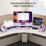OPNICE Desk Organizers and Accessories, Dual Monitor Stand Riser with Drawer and 2 Pen Holders, Desk Shelf Computer Racks & Printer Stand for Office Workspace Organizers, Desktop Organization (Purple)