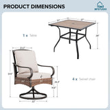 MFSTUDIO 5pc Patio Dining Set, Swivel Rattan Chairs, Square Table