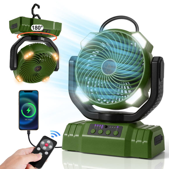 Odoland Portable Camping Fan with LED Light, 30000mAh Rechargeable Battery Operated Oscillating Fan with Remote & Hook, Outdoor Tent Fan with Timer, 4 Speeds for Power Outage Travel Jobsite, Green Odoland