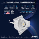LUXRITE 4 Inch Trimless Gimbal LED Recessed Lighting, 20W, 2000LM, 5CCT Selectable 2700K-5000K, 38° Beam Angle, Dual Dimmable, Directional Push-n-Lock Spotlight, CRI 90, Damp & IC Rated, ETL (4 Pack)