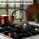 YJX 60.9oz Large Cast Iron Teapot for Stovetop, Japanese Tetsubin, Heavy and Durable Tea Pot, Tea Kettle with Stainless Steel Infuser for Loose Tea, Floral Pattern(1800ML)