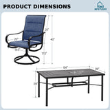 MFSTUDIO Patio Dining Set for 6, 64" Metal Table & Swivel Chairs, Navy Blue