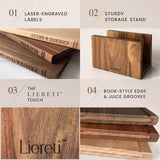 Liereti Premium 3pc Book Cutting Board Set with Stand, Space-Saving Decorative Wood Cutting Board Library, 100% Natural Wood Grain Finish, Sleek Laser-Engraved Labels