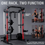 Mikolo Power Cage, 2000LB Power Rack with Independent Dual Pulley System, Multi-Function Home Gym Workout Machine for Cable Crossover (Red 001)