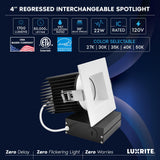 LUXRITE 4 Inch Recessed Light, Regressed Canless LED Spotlight, 5CCT 2700K-5000K, CRI90, 22W, 1700 Lumens High Output, 38º, Interchangeable Square White Trim, Dimmable, IC & Wet Rated (4 Pack)