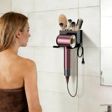 BOIVSHI Hair Dryer Holder Wall Mounted, Metal Hair Dryer Holder for Bathroom, Blow Dryer Holder with Plug Cord Organizer, Self Adhesive or Screw Hair Tool Organizer for Bathroom, Makeup Room, Black