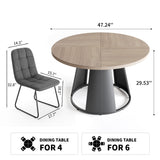 HIPIHOM 47.2" Round Dining Table Set for 4, Modern Wood Table with 4 Upholstered Leather Chairs, Metal Pedestal Base, Space-Saving Kitchen Dining Set (Gray&Walnut Color, Set for 4)