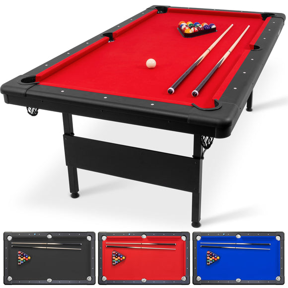 7 ft Billiards Table - Portable Pool Table - Includes Full Set of Balls, 2 Cue Sticks, Chalk, and Felt Brush - Black, Red GoSports