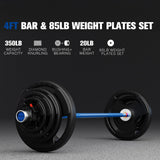 RitFit Barbell Weight Set - 4/6FT Olympic Barbell with Weight Plates (55-275LB Total) - Weightlifting Equipment for Squats, Curls, Deadlifts, Presses, 4FT Silver/Blue Bar with 85LB Plates
