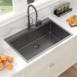 Sarlai 33 Black Kitchen Sink Drop In - 33" x 22" Kitchen Sink Drop In Workstation Topmount Gunmetal Black Stainless Steel 16 Gauge Single Bowl Over Counter Sinks Basin