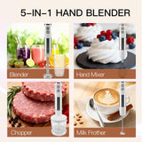 Megawise HB-2043 1000W 5-in-1 Immersion Hand Blender, Powerful Stick Blender with Variable Speed & Turbo, Stainless Steel Blades, Includes Whisk, Milk Frother, Chopper & Beaker(White)