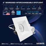 LUXRITE 6 Inch LED Recessed Light, Regressed Spotlight with Square White Interchangeable Trim, 22W, 1800LM, 5CCT 2700K–5000K, 38°, Dual Dimmable, Twist-N-Lock, CRI90, Wet & IC Rated, ETL (4 Pack)