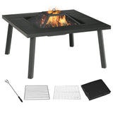 34" Fire Pit with Grill, Metal Outdoor Wood Burning Firepit with Spark Screen, Fire Poker, Cover, Table Lip, Black Outsunny