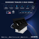 LUXRITE 3-Head Regressed Trimless Gimbal LED Recessed Spotlight, 360°+15° Swivel Rotation, 5CCT 2700K-5000K, CRI90, 45W, 3000 Lumens, 60° Beam, Rectangle Black, Dual Dimmable, IC & Wet Rated (4 Pack)