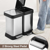 13 Gallon Dual Trash and Recycling Bin, 50L(2x25L) Fingerprint Proof Stainless Steel Kitchen Garbage Can with Double Lid, Hands-Free Step Rubbish Bin Without Inner Bucket for Kitchen Home Office