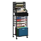 SWTYMIKI 10-Tier Rolling File Cart - Mesh Paper Organizer with Drawer and Hanging File Folders on Lockable Wheels, Rolling File Cabinet, Black