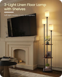GOEBLESON 70.9" Floor Lamp with Shelves, Modern Floor Lamp with 3 Linen Shades and Foot Switch, 3-Light Standing Lamp, for Living Room, Bedroom, Study, Office, Rustic Brown and Beige EF53LD05