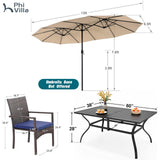 PHI VILLA 7pc Patio Dining Set with Beige Umbrella, 6 Rattan Chairs