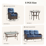 Luxury Patio Furniture Set with 6-inch Thick Cushions, Outdoor Furniture Set with High Back Swivel Chairs, 5 PCS Wicker Outdoor Conversation Set for Porch, Patio, Yard, Deck, Poolside, Brown/Blue