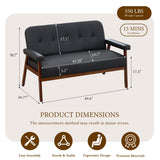 50”W Black Leather Small Office Couch, Loveseat Sofa with Wooden Arms