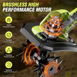 21V Cordlees Tiller Cultivator for Gardening, 400RPM Electric Garden Tiller, Brushless Rototiller with 2 * 3.0Ah Battery, 9.5" Width 7" Depth, for Yard、Lawn、Soil Tiller (Green)