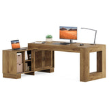 L Shaped Executive Desk with Storage, Farmhouse Home Office Desk with 2-Tier Cabinets and Shelves