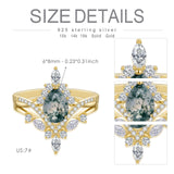 Oseew 2 pcs Vintage Unique Green Stone Wedding Ring 10k gold Natural Moss Agate Ring Set Natural Moss Agate Ring For women with teardrop design Mother's Day Valentine's Gift