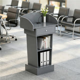 Curved Office Podium Stand, Wooden Lectern,Gray,+Drawer