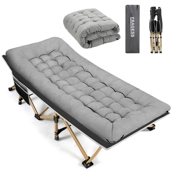 Fragess Portable Camping Cot, 600LBS Max Load, Extra Wide with Thick Mattress, Folding Cot for Outdoor Camping/Office, Home Nap (Grey) Fragess