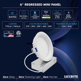 LUXRITE 6 Inch LED Regressed Mini Panel, Recessed Light, 5CCT 2700K-5000K, Dim to Warm, Switchable 12/15W, 770/1150 Lumens, CRI90, Dual Dimmable (TRIAC/0–10V), 100°, Canless Spotlight, ETL (6 Pack)