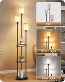 GOEBLESON 70.9" Floor Lamp with Shelves, Modern Floor Lamp with 3 Linen Shades and Foot Switch, 3-Light Standing Lamp, for Living Room, Bedroom, Study, Office, Rustic Brown and Beige EF53LD05